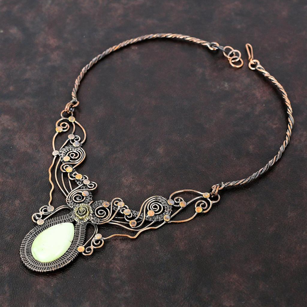 Ожерелье с лимонным хризопразом, ожерелье из медной проволоки, медные украшения ручной работы, регулируемое ожерелье, обертка из проволоки, ювелирные изделия из драгоценных камней, подарок для нее