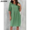 Женская мода лето весна однотонный принт рукава 1/2 U-образный вырез свободная талия повседневные платья