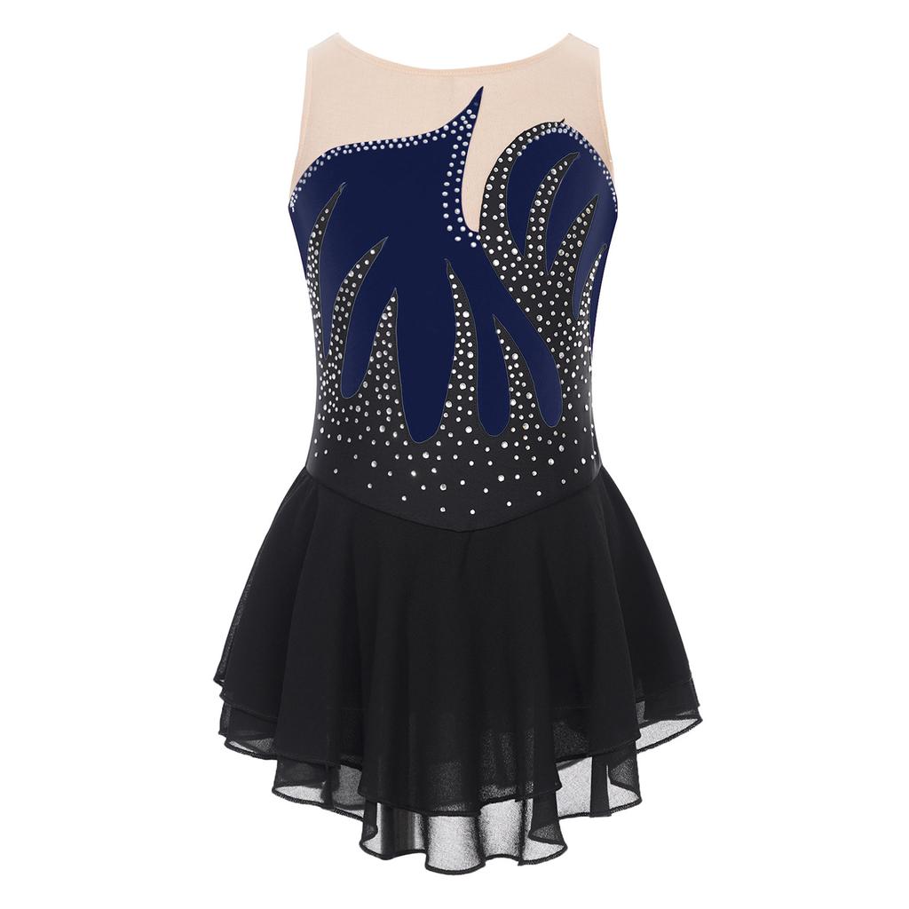 Girls Color Block Sheer Mesh Patchwork Dress Sleeveless Shiny Rhinestone Design Figure Skating Performance Gown