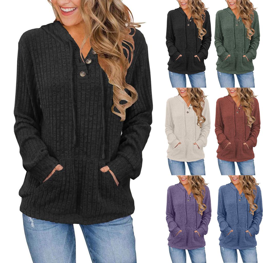 Women's Fashion Long Sleeve Solid Color Casual Ribbed Button Hoodie Top