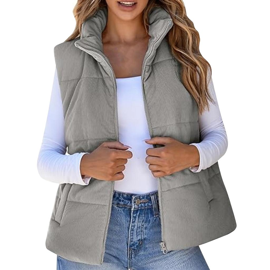 Женская модная повседневная куртка-жилет без рукавов на молнии с однотонным утолщенным узором