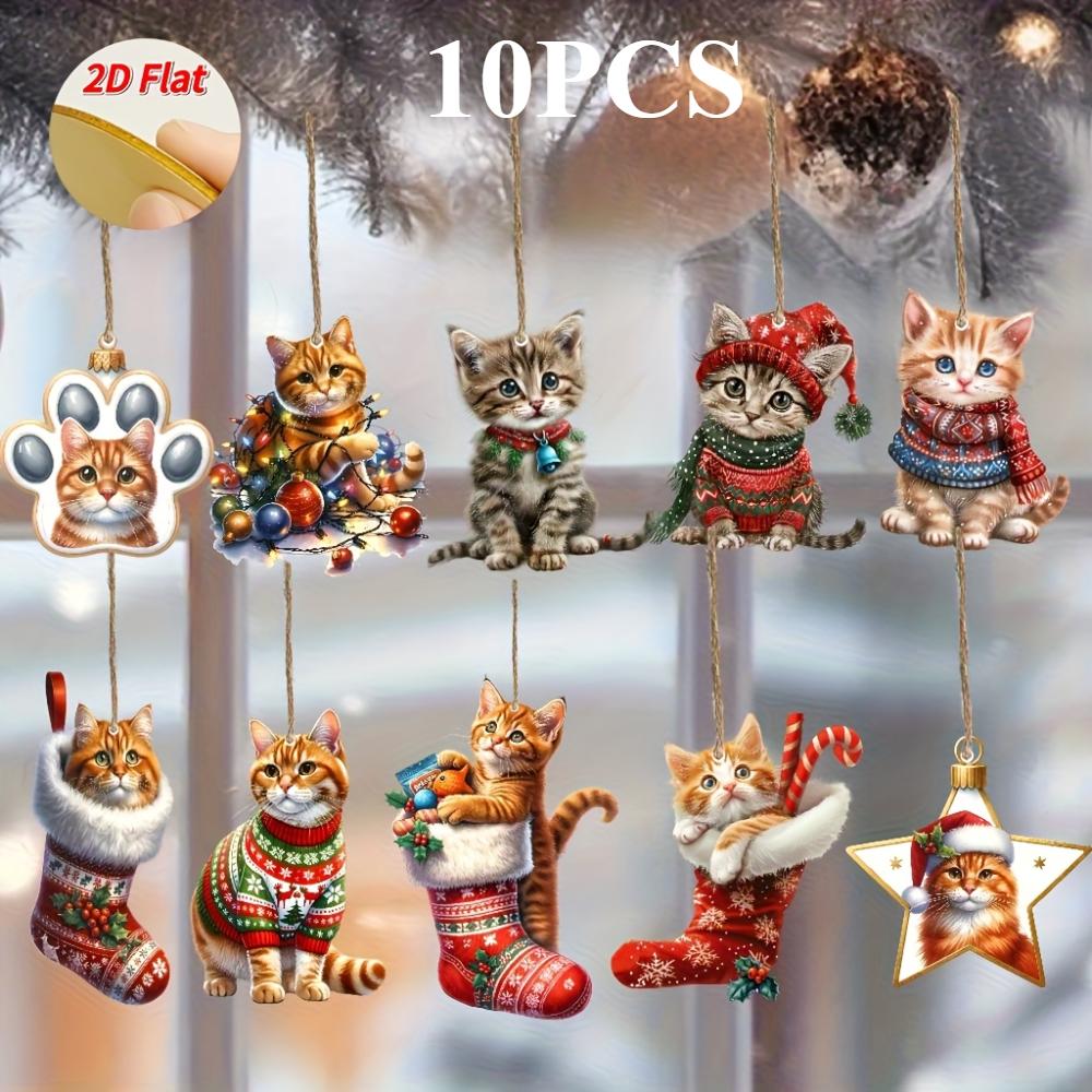2D Flat Wooden Christmas Cat Pendant 10-piece Set - Holiday Tree Decoration, a Must for Holiday Atmosphere, Suitable for Halloween, Christmas, Gifts