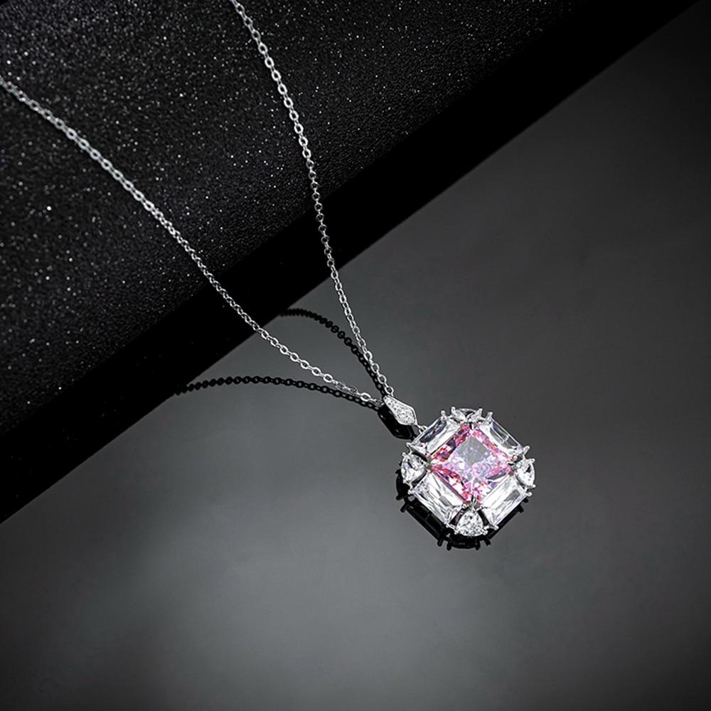 Real 925 Sterling Silver Crushed Ice Cut 12 *12mm Pink Sapphire Created Moissanite Diamond Pendant Necklaces For Women Gift