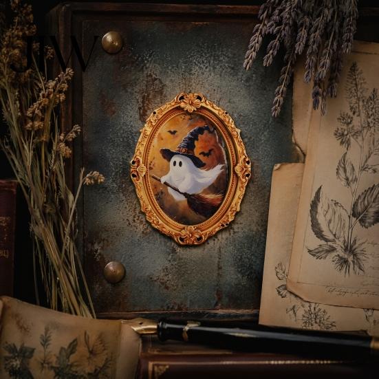 Cute Ghost Oil Painting Magnets Vintage Halloween Fridge Magnet, Retro Gold Frame Refrigerator Decoration Decorative Magnetic Photo Frames with Strong