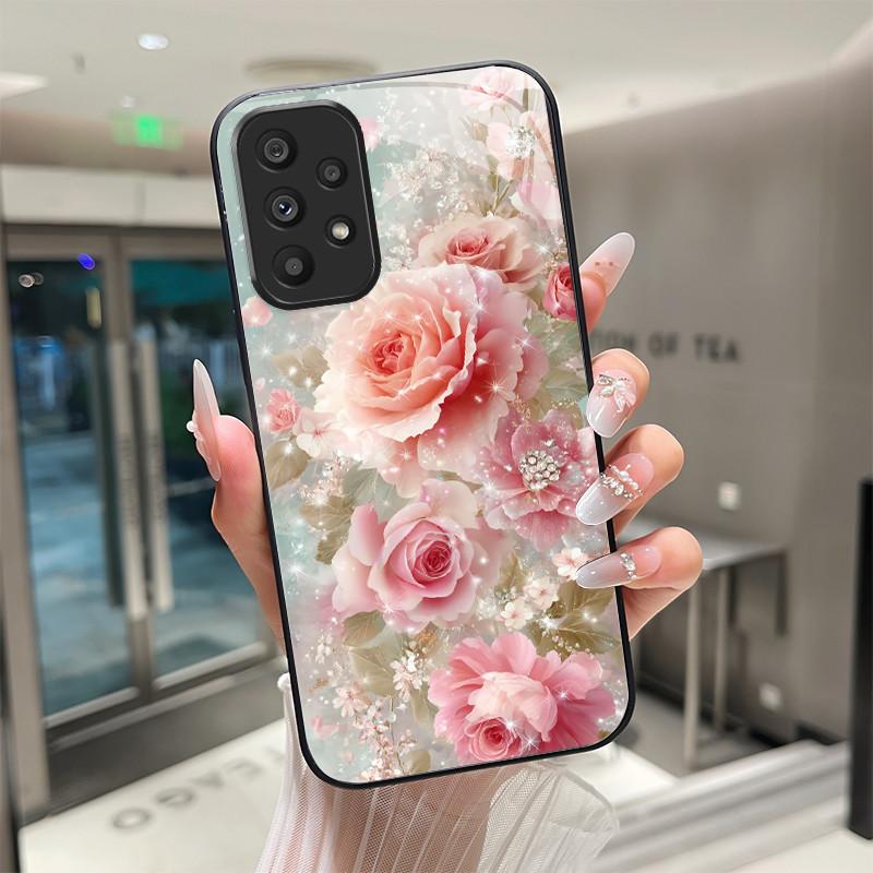 Cute Cartoon Cats Flower Case For Samsung Galaxy A52 A52S A72 4G 5G Tempered Glass Phone Case Protective Back Cover Hard Shell