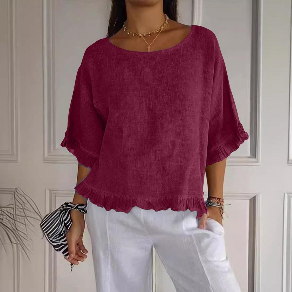 Women's' Fashion Solid Color Round Neck Short Sleeve Loose  Pullover Shirt Top
