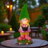 Solar Garden Gnome Statue with LED Light Holding Flower Basket Flocking Hat Dwarf Girl Figurine Sculpture Outdoor Decoration Ornament