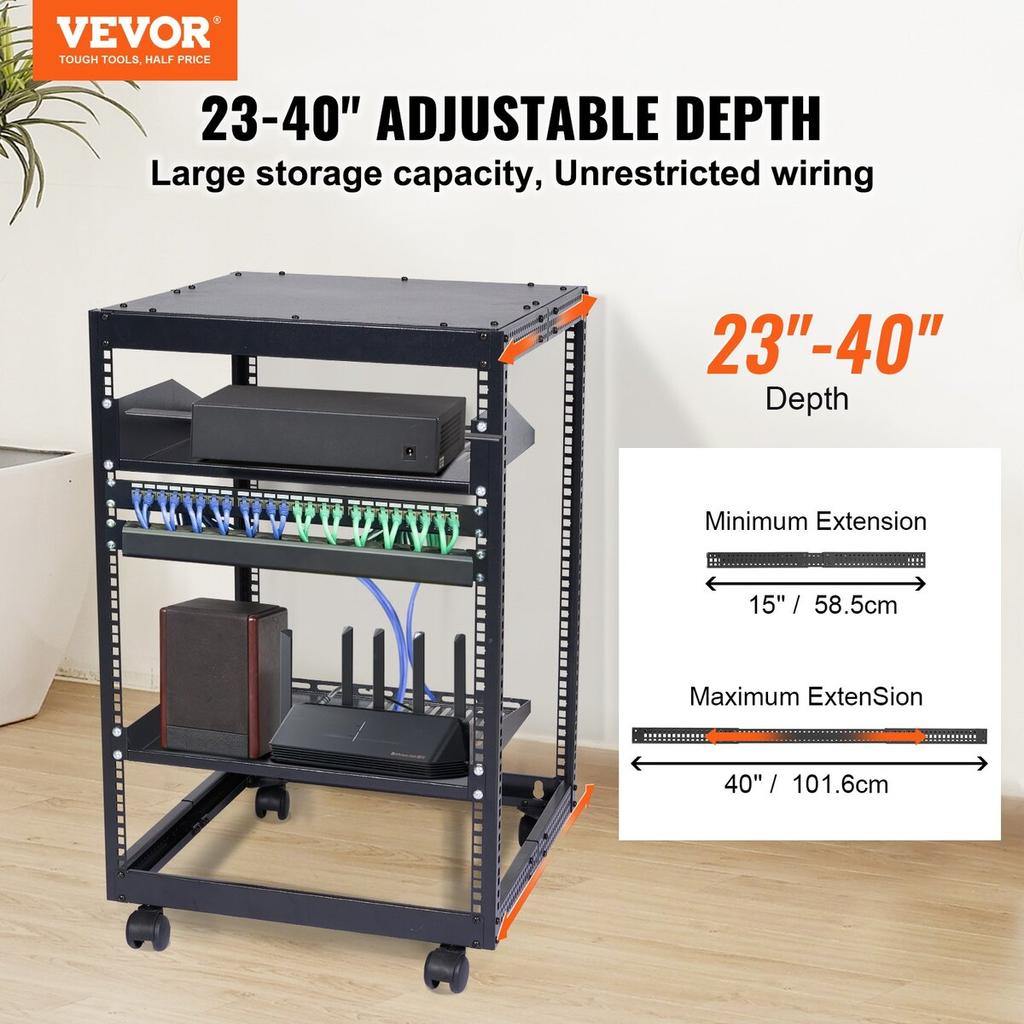 15U Open Frame Server Rack, 15''-40'' Adjustable Depth, Free Standing or Wall Mount Network Server Rack, 4 Post AV Rack with Casters, Holds All Your