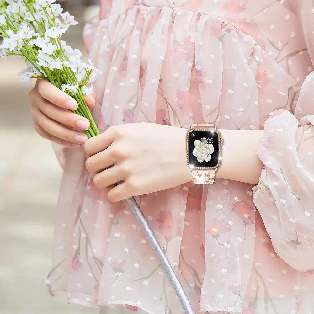 Металлический ремешок для Apple Watch Band 41 мм, 45 мм, 40 мм, 44 мм, женский браслет из нержавеющей стали с бриллиантами, аксессуары для iWatch 9, 8, 7, 6 SE 5