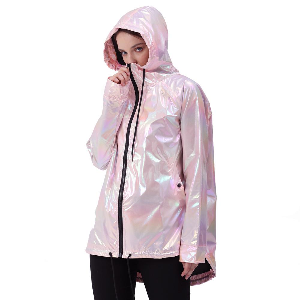 Unisex Shiny Jacket Laser Hooded Coat Iridescent Holographic Harajuku Sun Protect Top Plus Size