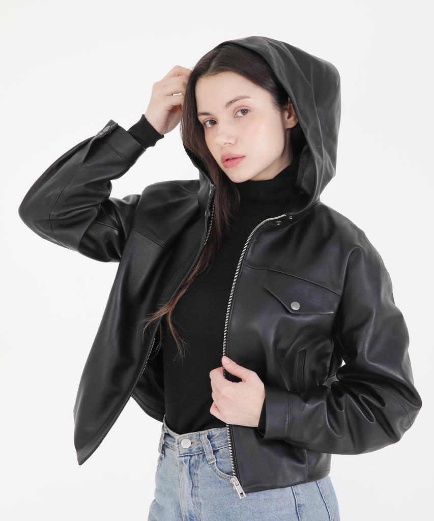 COLORZ NEW YORK Hooded Leather Crop Jacket_Bk