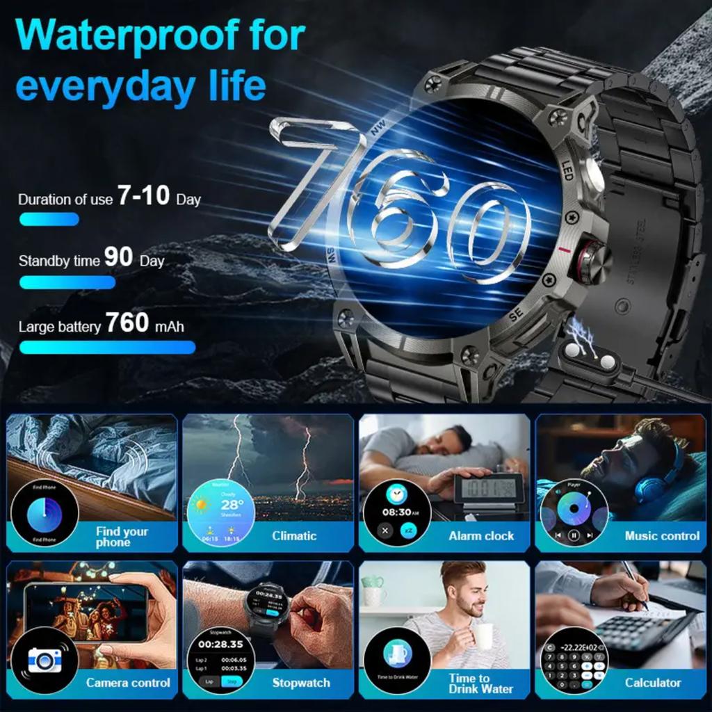 2025 New Outdoor Smart Watch Men 600mAh LED Flashlight SmartWatch Compass Bluetooth call Heart rate IP 68 Sports Smartwatch 5ATM