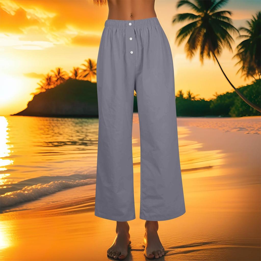 Women's Fashion Loose Casual With Button Elastic Waist Wide Leg Pants Casual Pants