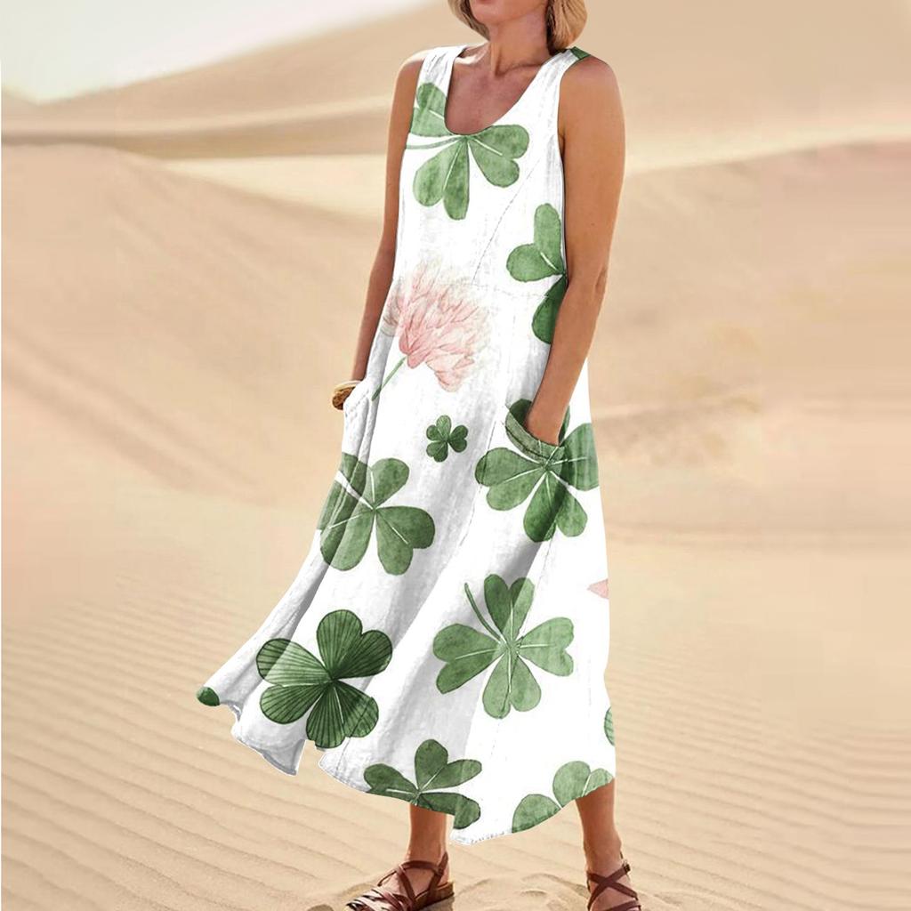 Women's Casual Comfort St. Patrick's Day Printed Sleeveless Pocket Dress