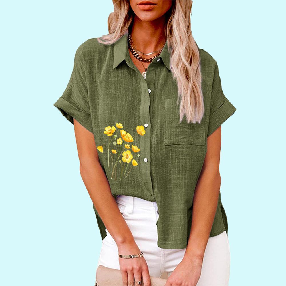 Большие размеры Женская мода цветочный принт блузка повседневная льняная футболка женская свободная рубашка с коротким рукавом на пуговицах
