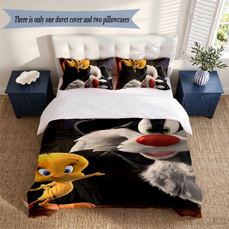 Tweety Bird and Sylvester the Cat 3‑Piece Bedding Set Soft Microfiber Duvet Cover Pillowcases Comfortable Bed Linen for Bedroom Decoration