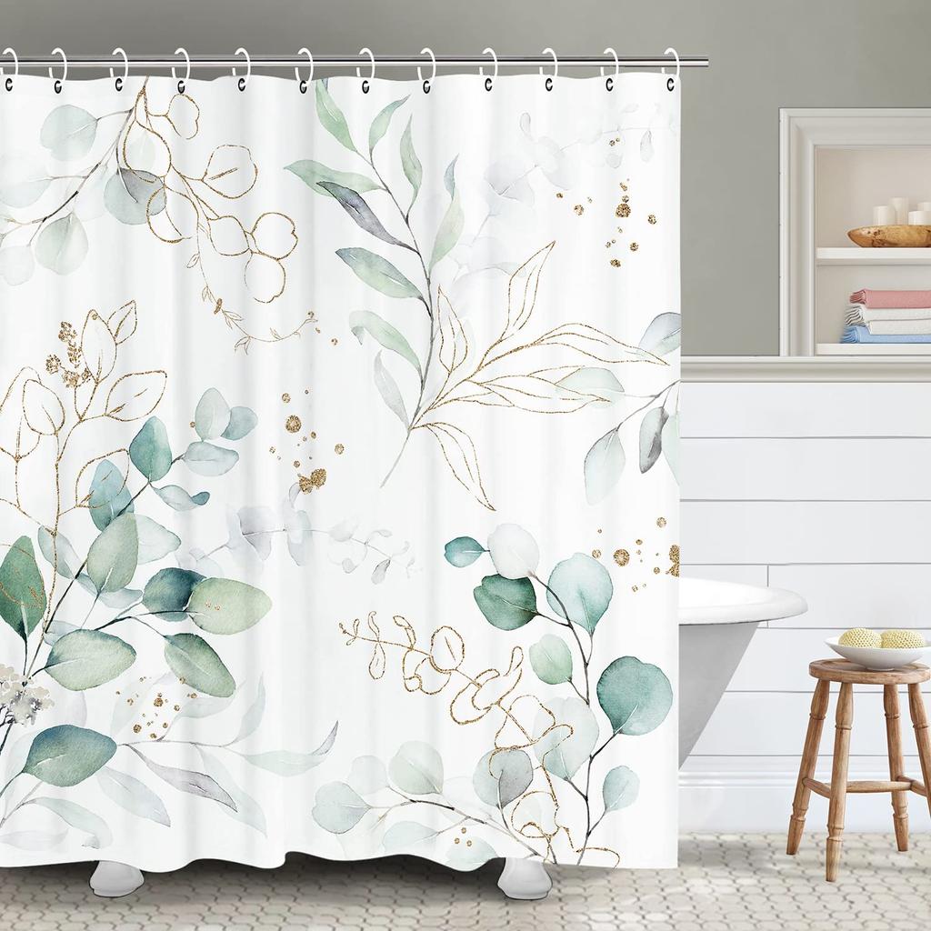 Tropical Green Leaves Plant On White Background Odorless Shower Curtains for Bathroom Showers and Bathtubs Decor with Hooks