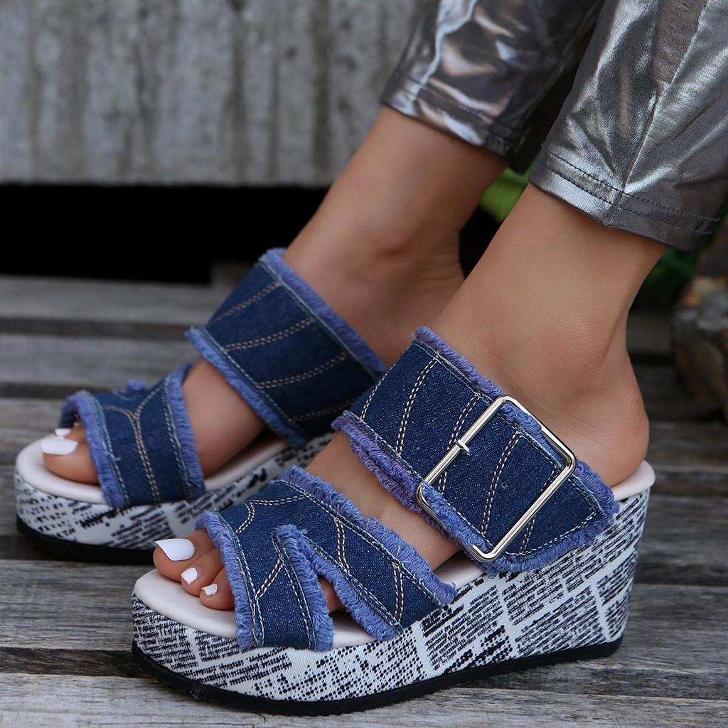 Women's Shoes Casual Fashion Vacation Daily Wear Summer Newspaper Buckle Cowboy Wedge Slippers Sandals