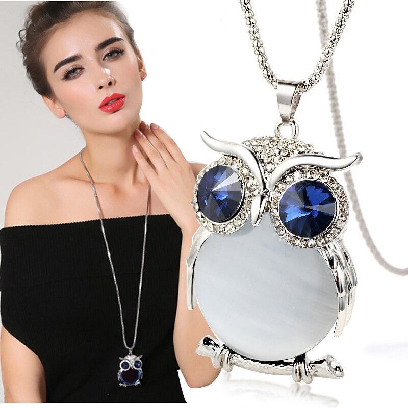 Винтажное длинное ожерелье с кулоном в виде совы для женщин, 2021 модное ожерелье-свитер с кристаллами, цепочка-цепочка Collier Femme, серебряные ювелирные аксессуары