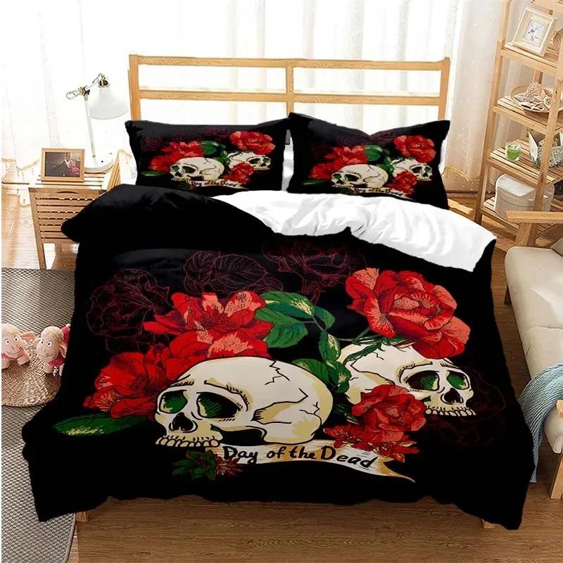 Sugar Skull Duvet Cover Set Queen Size Flowers Skeleton Bed Linen Double Bedding Set With Pillowcase King Size Skull Quilt Cover