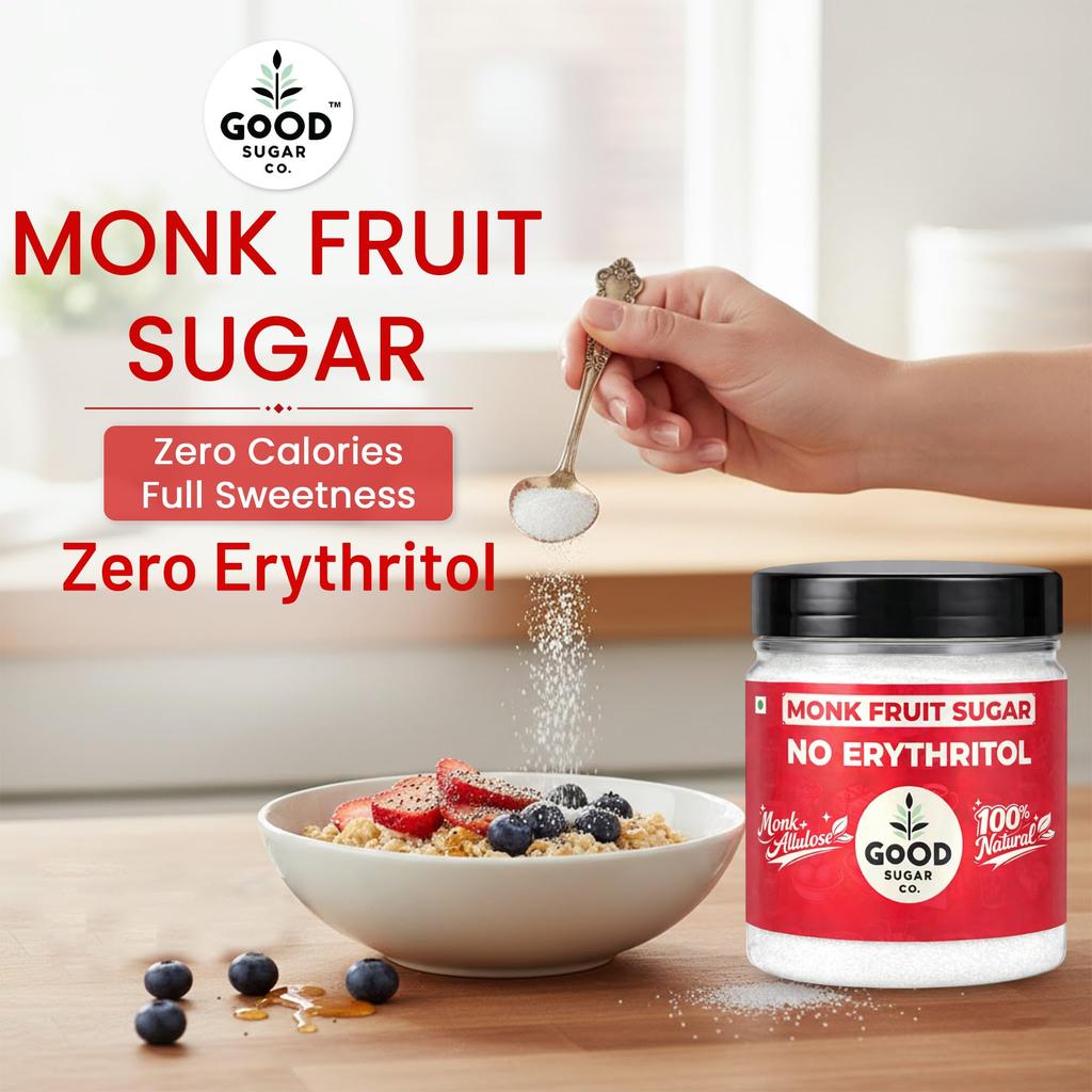 Monkfruit Sweetener 400g with Allulose | Without Erythritol | 1:1 Sugar Replacement | 90% Less Cal than Sugar, Diabetic Safe, Zero Glycemic Impact,