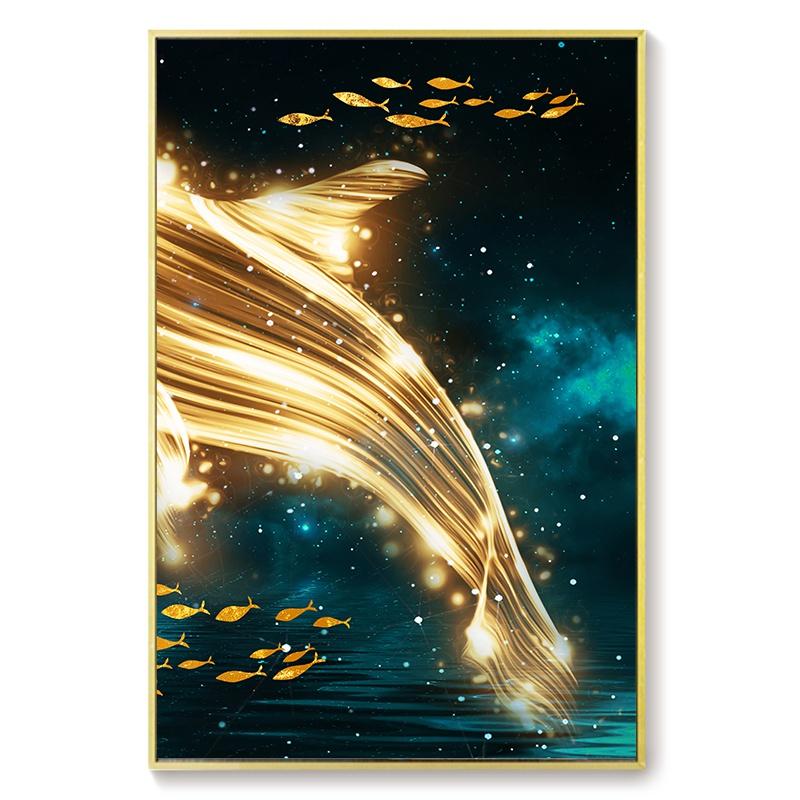 Набор из 3 синих абстрактных картин с изображением океана, золотого кита и рыбы, роскошная гостиная, проход, украшение для дома, настенная живопись, картина на холсте, постер, живопись