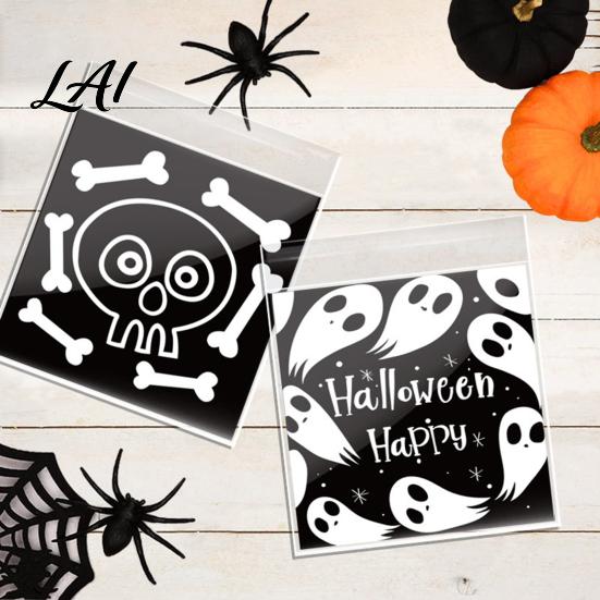 Self Adhesive Treat Bags 100 Pcs Small Halloween Bags Seal Clear Candy Dessert Snack Cookie Trick or Party Favors for Holiday Cute Cartoon Pouches