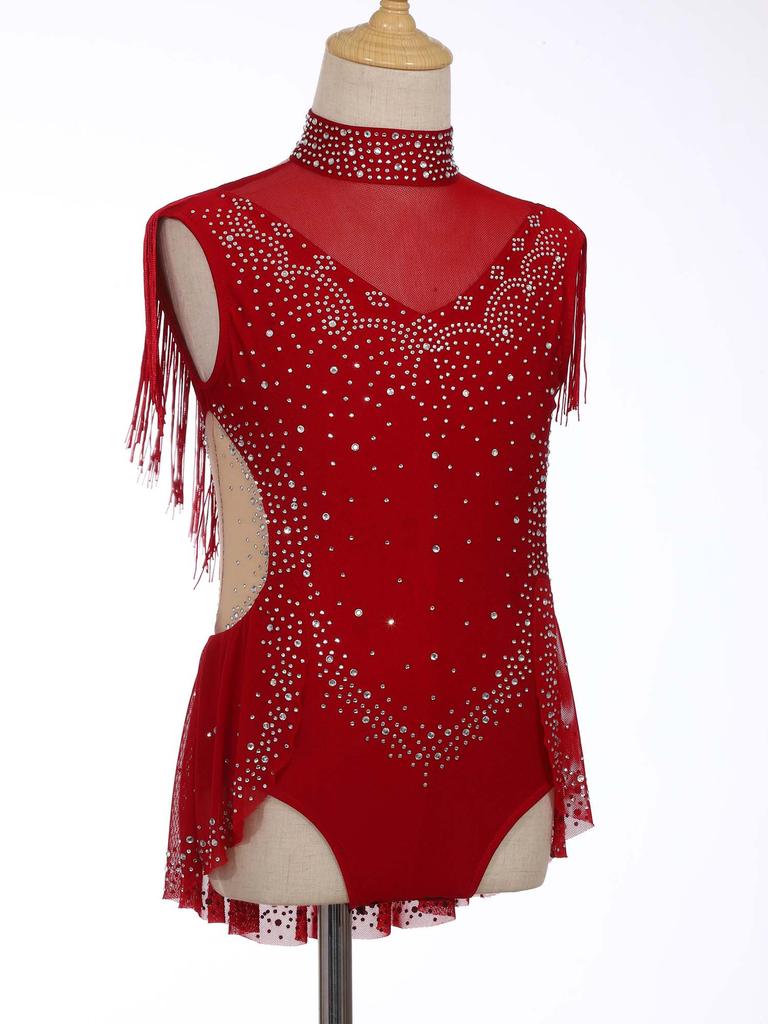 Girls Rhinestone Dance Leotard - Sparkling Mock Neck Bodysuit with Sheer Mesh & Tassel Skirt, Invisible Zipper Back