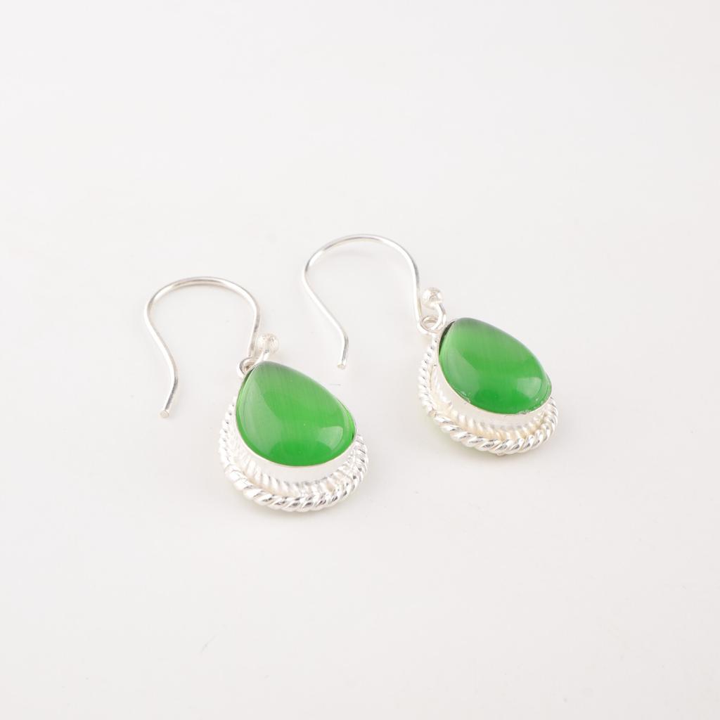 Green Cat's Eye Gemstone 925 Sterling Silver Jewelry Light Weight Earrings 1.40" EE-9-43