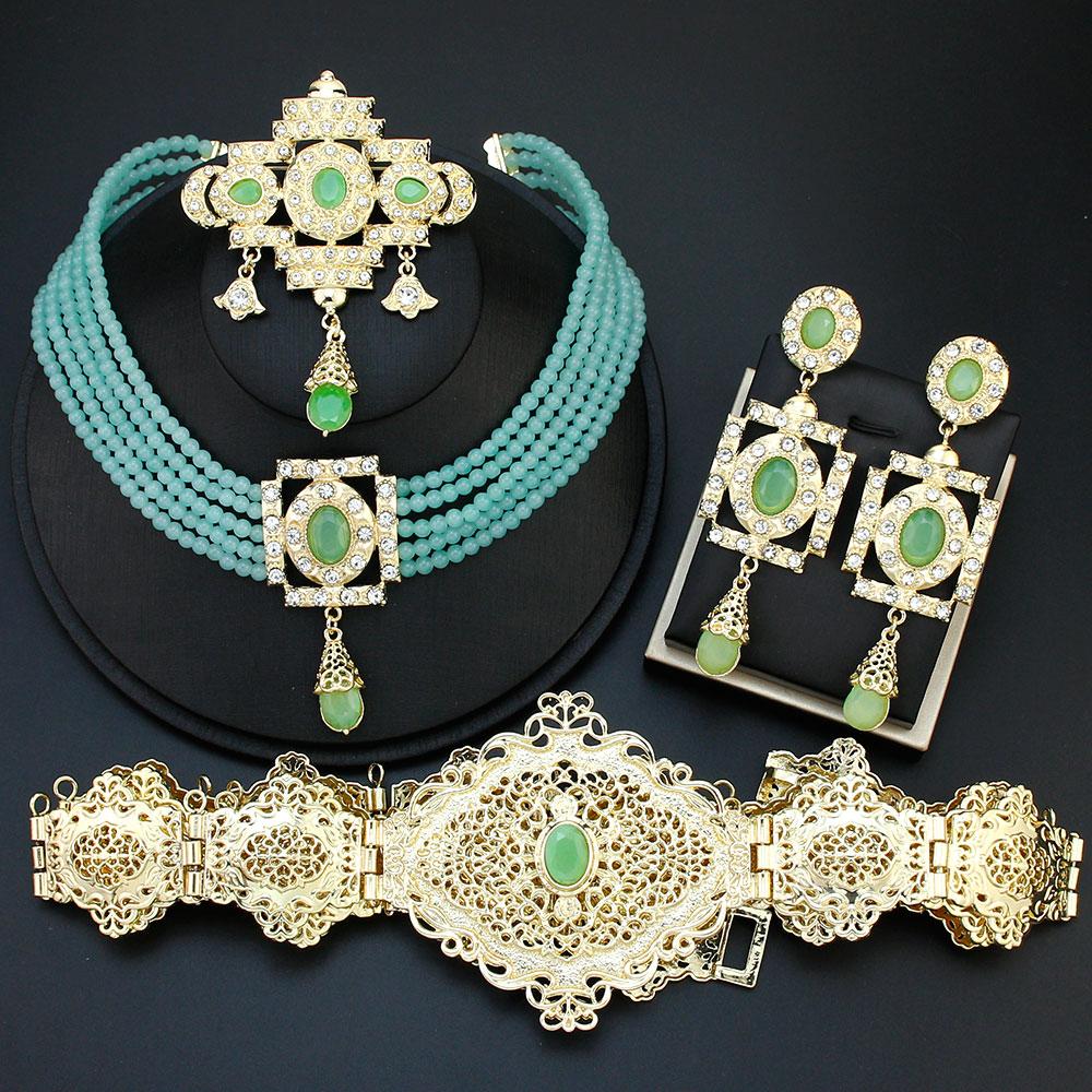 Gold Color Waist Belt Bead Choker Necklace Square Earring Brooch Arabic Bride Jewelry Set For Women