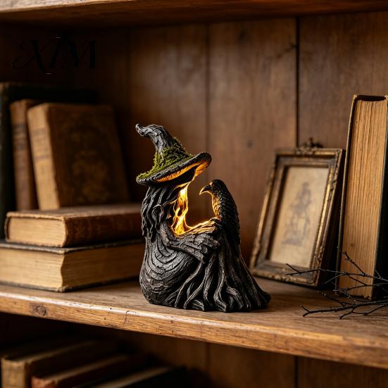 Decorative Pieces for Windowsill Luminous Witch & Raven Figurine with Mossy Tree Texture, Resin Gothic Creative Housewarming Gifts Statue LED