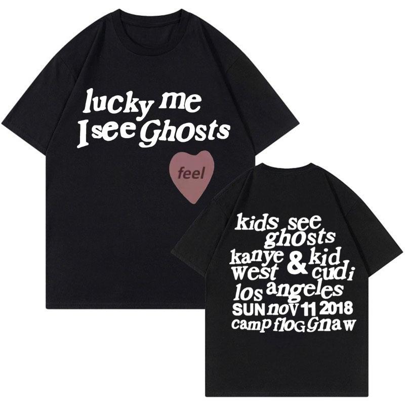 Детская футболка 'Kids See Ghosts' - Мне повезло, я вижу призраков - Футболки с принтом букв Kanye West Мужские Женские Модные Повседневные Хлопковые Футболки Топы