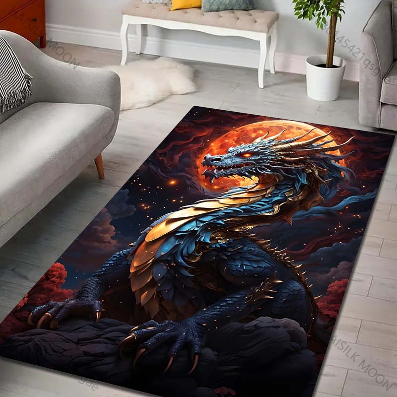 Multiple sizes Blue dragon with full moon Print Carpet Rug for Living Room Bedroom Sofa Doormat Home Decor Non-slip Floor Mat