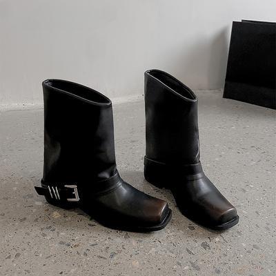 Дизайнерские женские сапоги в стиле вестерн, модные туфли с квадратным носком и пряжкой на ремне, осень-зима, толстый каблук, женские короткие сапоги в стиле рыцаря