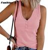 Summer New Europe and The United States Women's Buckle Knitted Undershirt Solid Color V-neck Sleeveless Blouse Female