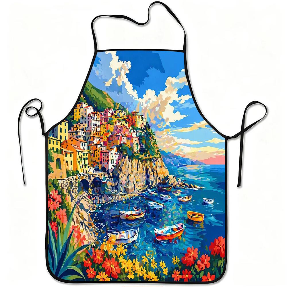 1pc Colorful Coastal Village Apron with Seaside Print - Adjustable Waistband Suitable for Kitchen Cooking, Gardening, Orchard Picking, Durable & Easy-