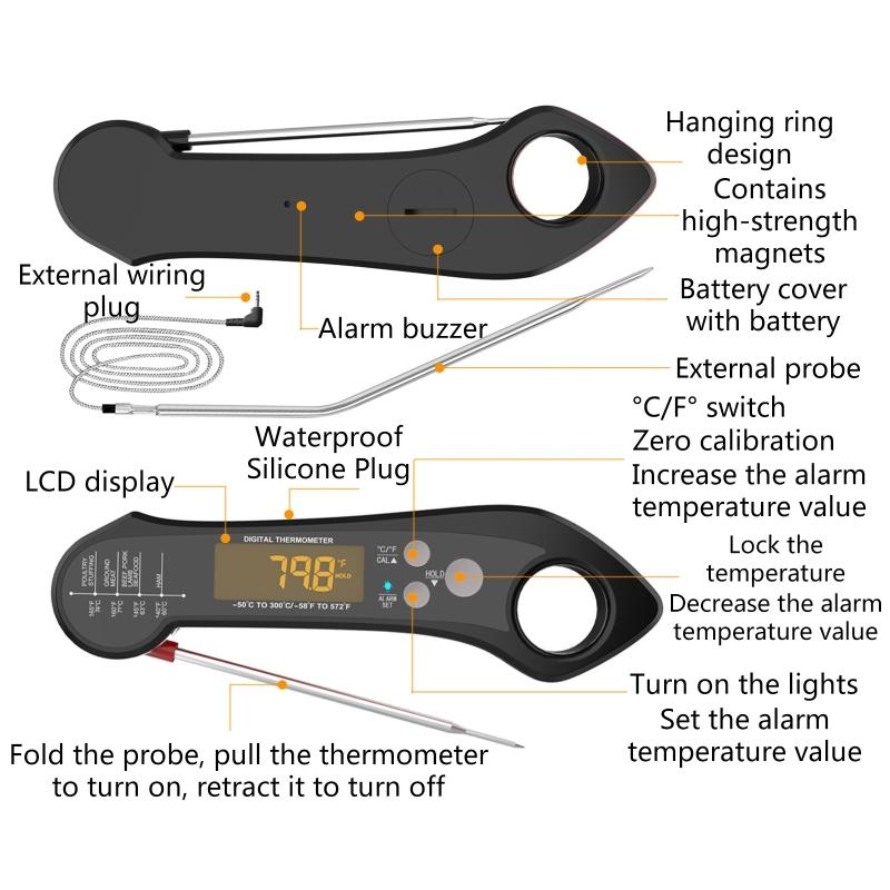 Цифровой термометр с двойным зондом, водонепроницаемый пищевой термометр для приготовления пищи, выпечки, высокоточный складной термометр