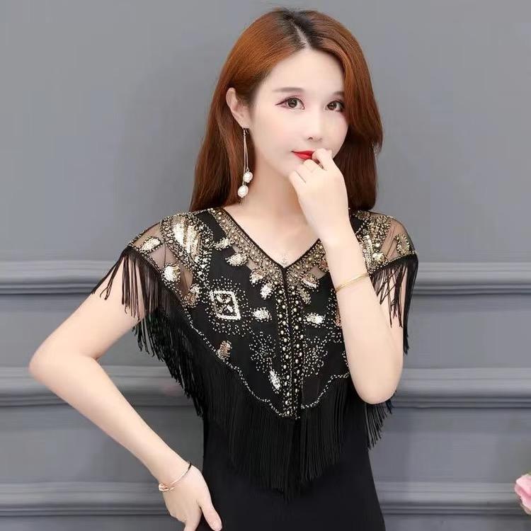 Women 1920s Sequined Shawl with Tassels Beaded Pearl Fringe Sheer Mesh Wraps Gatsby Flapper Bolero Cape Cover Up