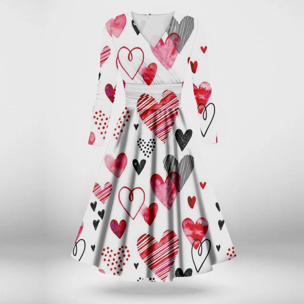 Ladies Fashion Casual Valentine's Day Print Long Sleeve V-neck Sexy Dress