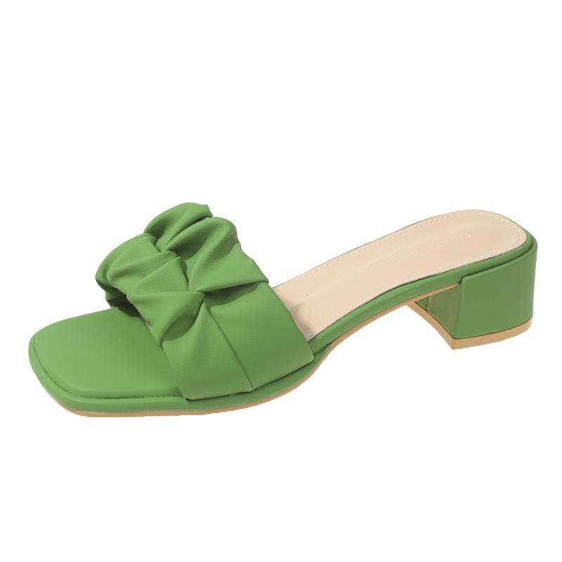 Fashion Square Head Sandals for Women's Summer New Thick Heel Pleated External Wearing Slippers Women Zapatillas De Mujer Ladies Shoes