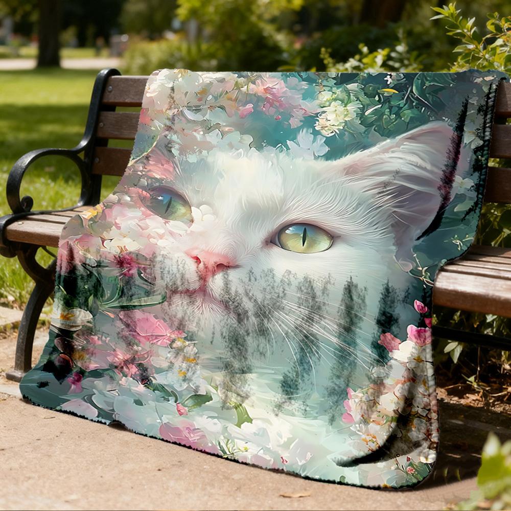 1pc Floral Cat Print Outdoor Flannel Blanket Soft All Season Polyester Throw , Perfect for Picnics & Travel , Picnic Accessory