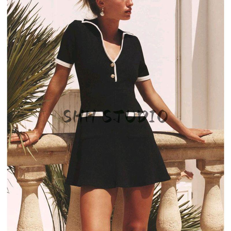 Summer New Product Women's Clothes Contrast Color Trim Short Sleeve V Neck Short Metal Button Rib Dress 4770154