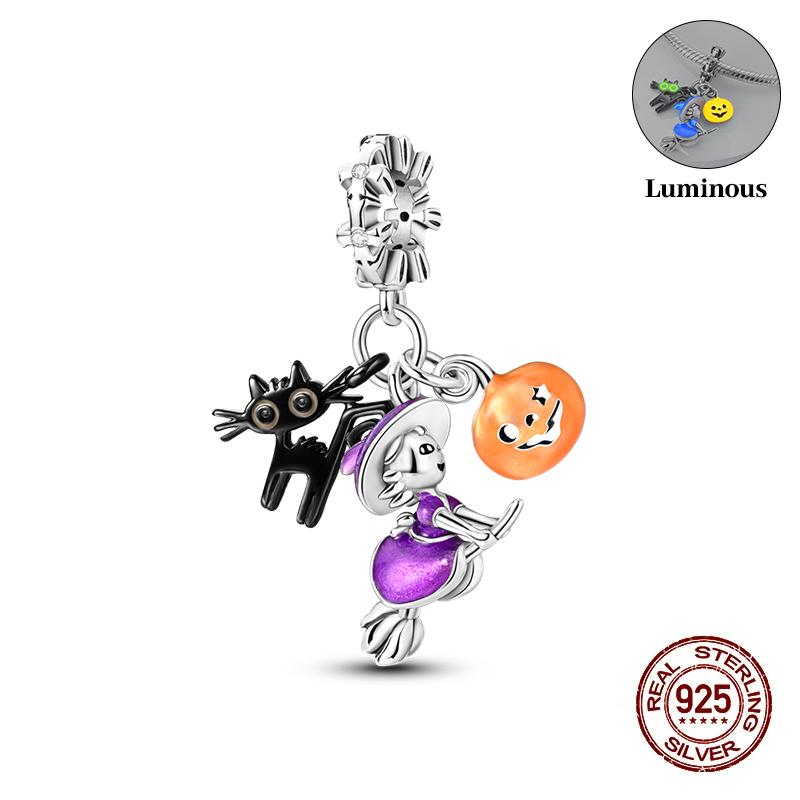 Halloween Charms Bead Copper Luminous Pumpkin Ghost Dangle Fit Bangle Bracelet Necklace Diy Jewelry