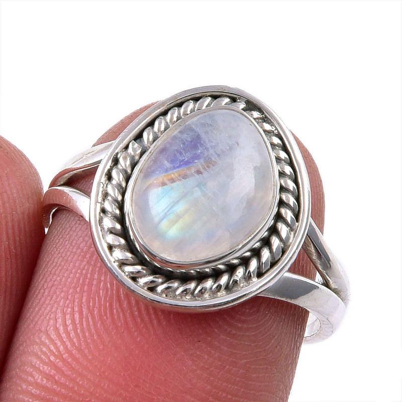 Natural Rainbow Moonstone Gemstone 925 Solid Sterling Silver Ring Size 6.5 J8E03