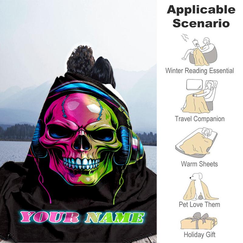 1PC Custom Name Colorful Skull Music Art flannel blanket versatile,all-season throw suitable for the living room,bedroom,camping,travel,and gift