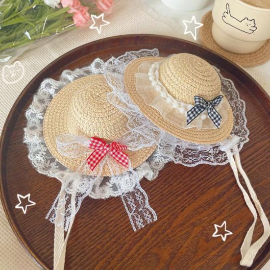 Mini Pet Straw Hat with Lace Adjustable Sun Protection Straw Hat with Bow Handwoven Outdoor Pet Accessory for Small Cats And Dogs