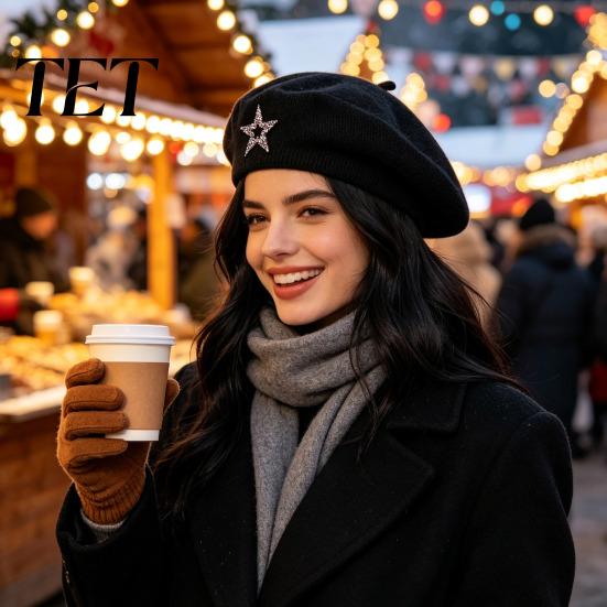 Vintage Inspired Beret Women Knitted Hat for Fall Winter, French Style Artist Soft Cap with Rhinestone Star, Stretchy Solid Color Knitting Star