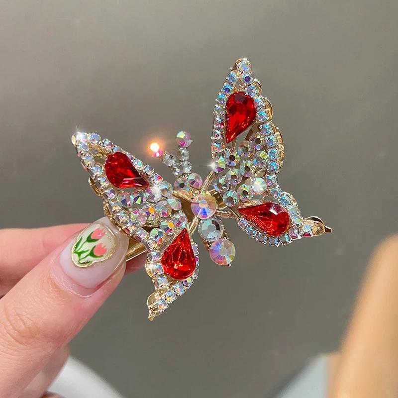 Новая корейская заколка для волос с бабочкой из стразов, женская трехмерная изысканная заколка для челки сбоку, шпилька, детские аксессуары для волос