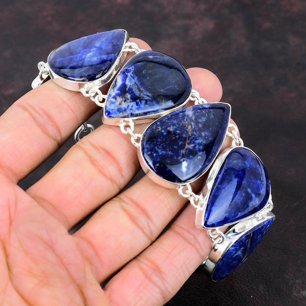 Браслет из содалита Браслет из драгоценных камней Ювелирные изделия ручной работы Браслет из стерлингового серебра 925 пробы Регулируемый браслет-цепочка Ювелирные изделия из содалита Подарок на помолвку