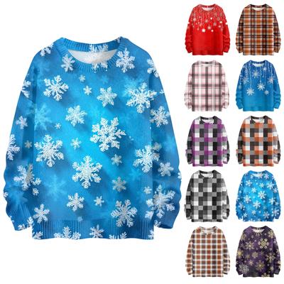 Женский модный повседневный свитер с длинными рукавами, клетчатым принтом и круглым вырезом, вязаный топ